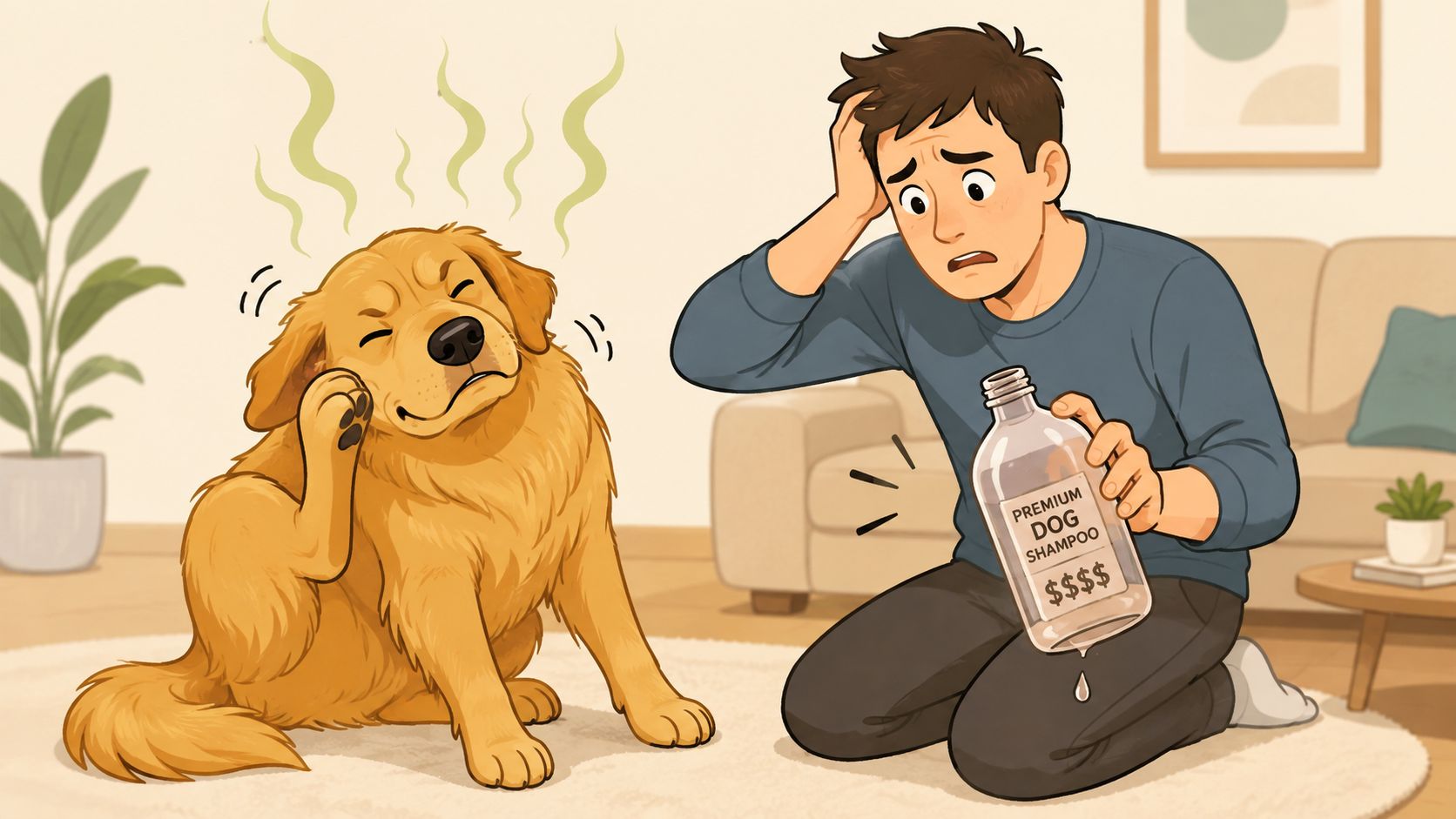 A distressed man holding an empty premium shampoo bottle while his golden retriever dog smells bad.