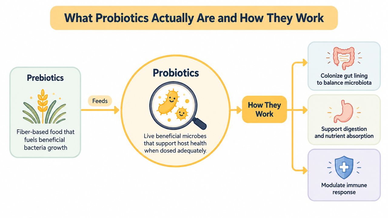 A diagram explaining that prebiotics feed probiotics, which support gut health, digestion, and immune response functions.