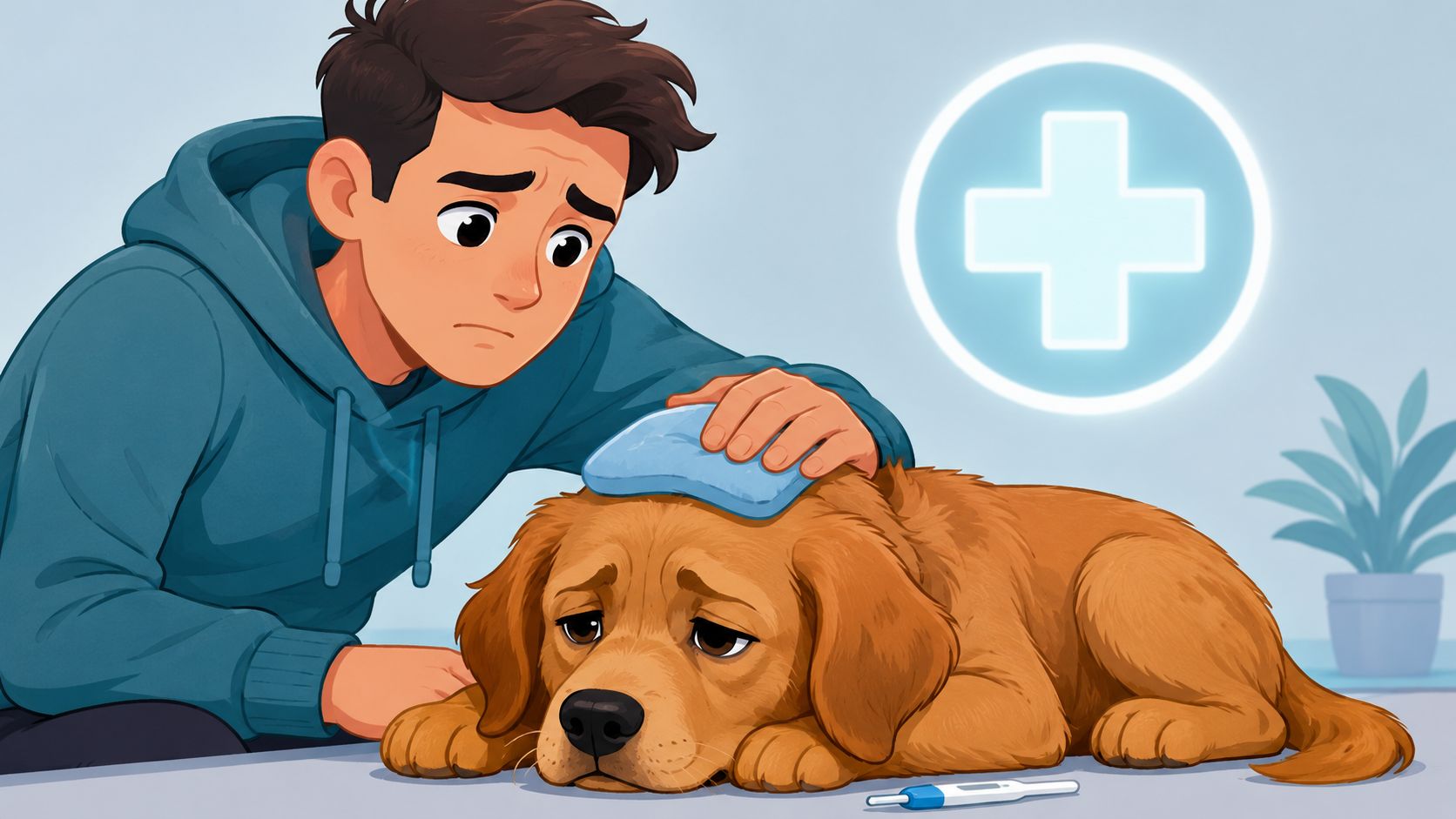 A concerned young man caring for his sick golden retriever puppy with a cold compress on its head.