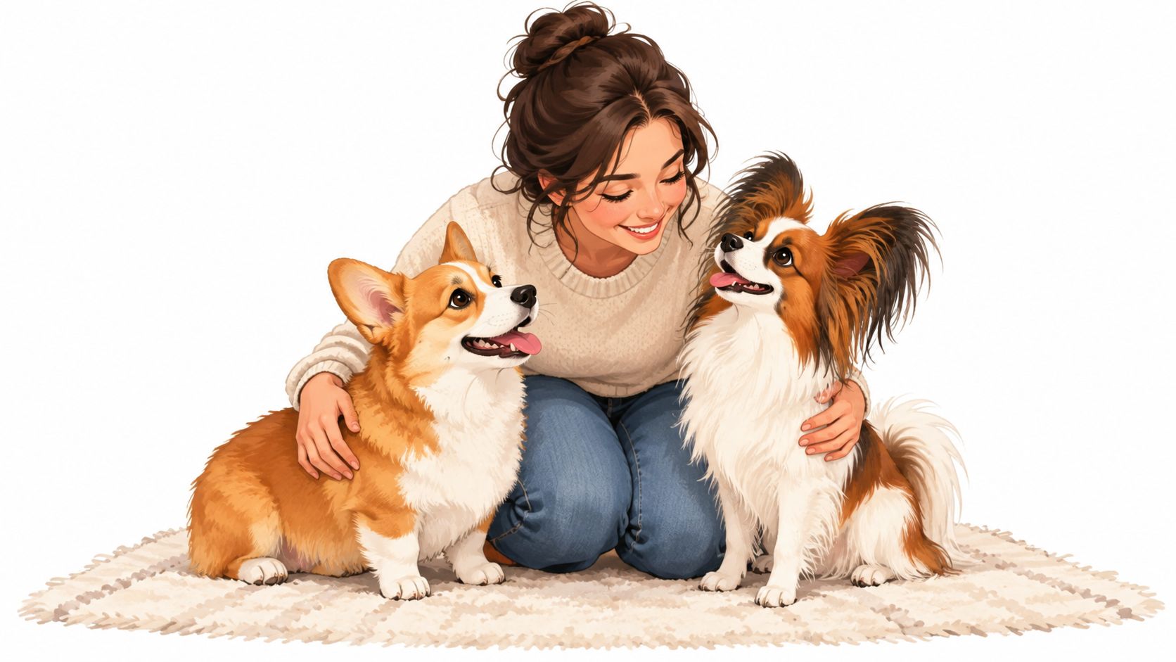 A happy young woman kneeling on a rug while petting her Corgi and Papillon dogs