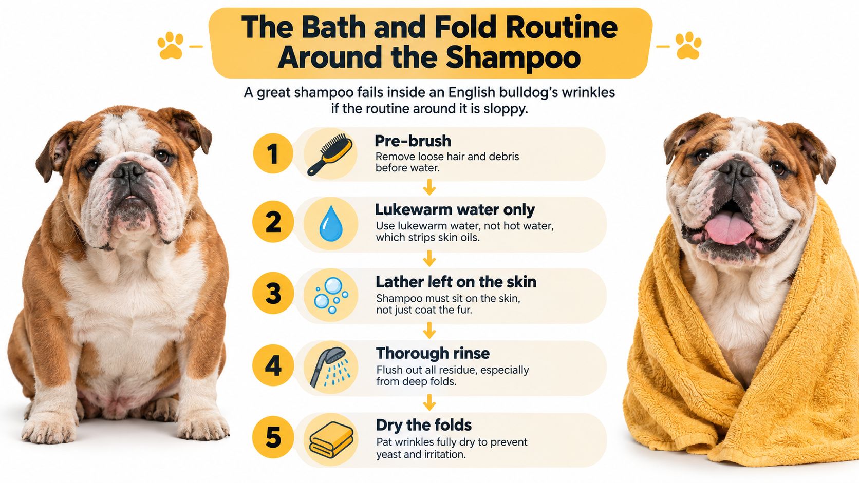 An infographic showing the five-step bath routine for cleaning an English bulldog's wrinkles properly.