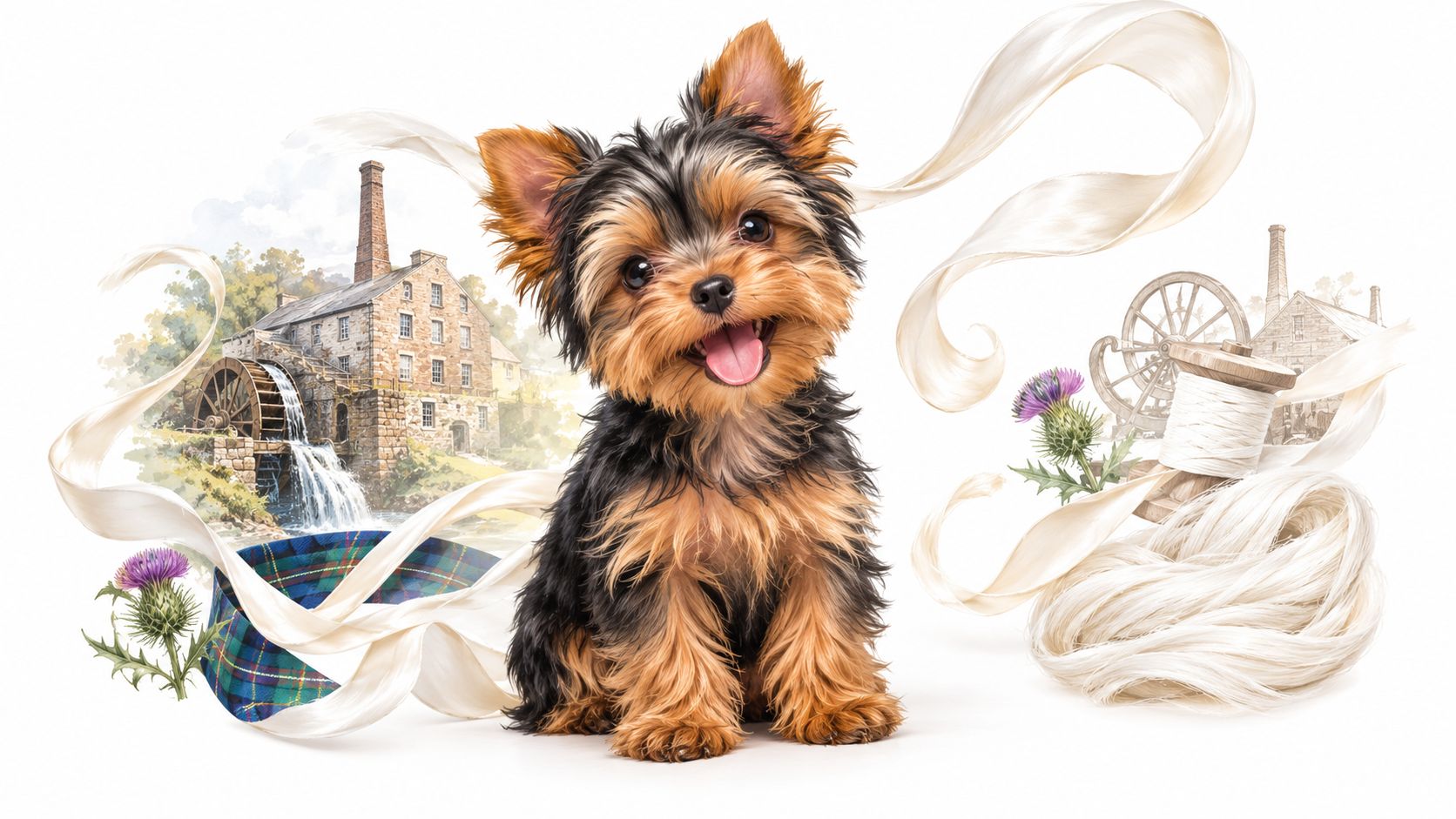 A cute Yorkshire Terrier puppy sitting near a water mill illustration, Scottish thistles, and yarn on white.
