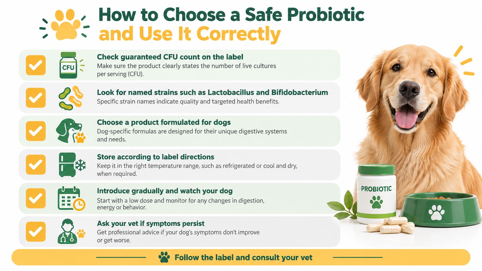An infographic titled How to Choose a Safe Probiotic and Use It Correctly for dog health.