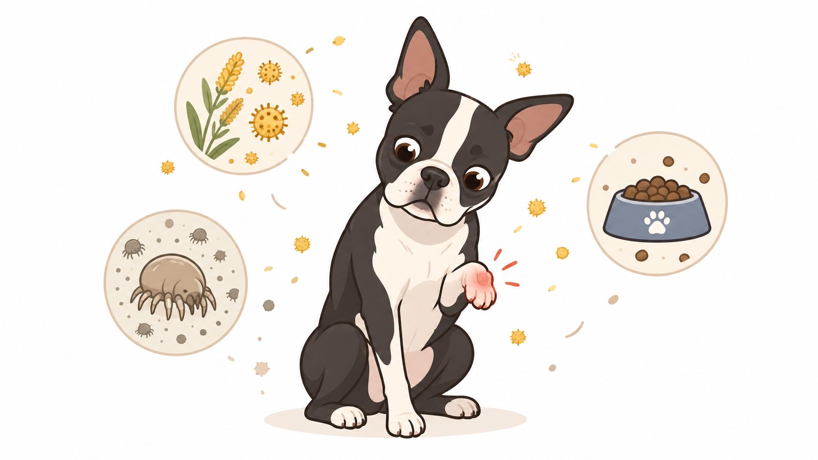 A Boston Terrier looking down at an irritated, red paw, surrounded by allergy-related icons like dust mites and food.
