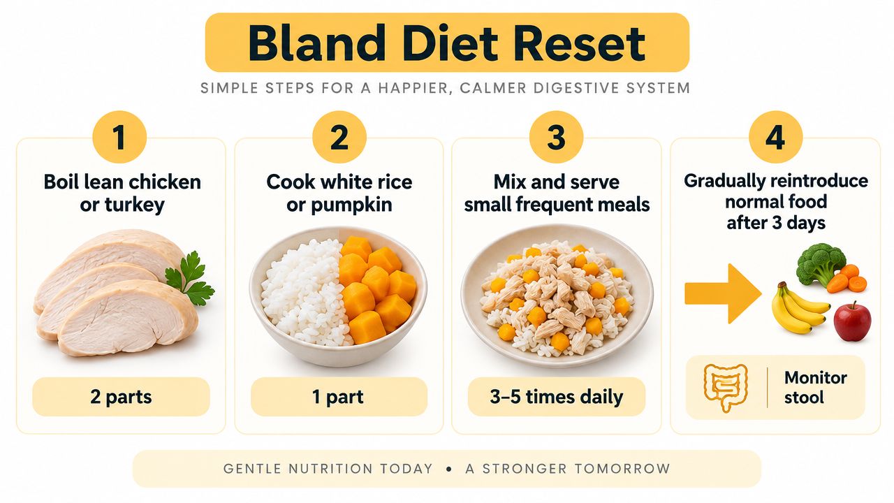 A four-step infographic showing how to prepare a bland diet for dogs with sensitive stomachs.