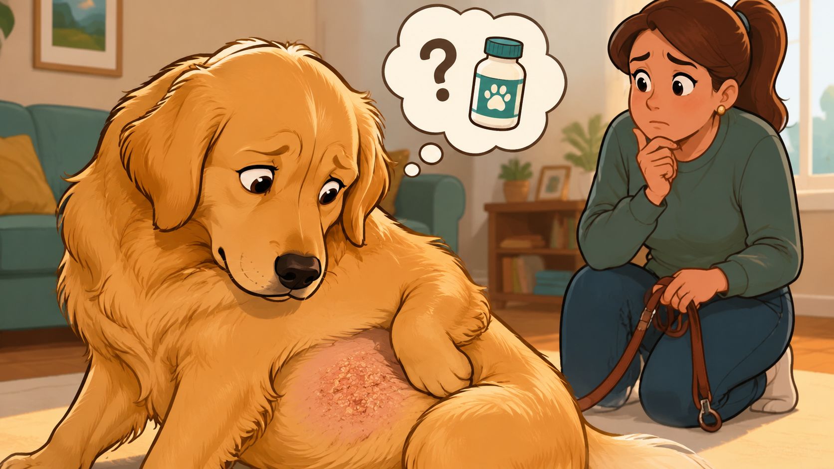 A concerned woman looks at her golden retriever dog which has a painful red skin rash.