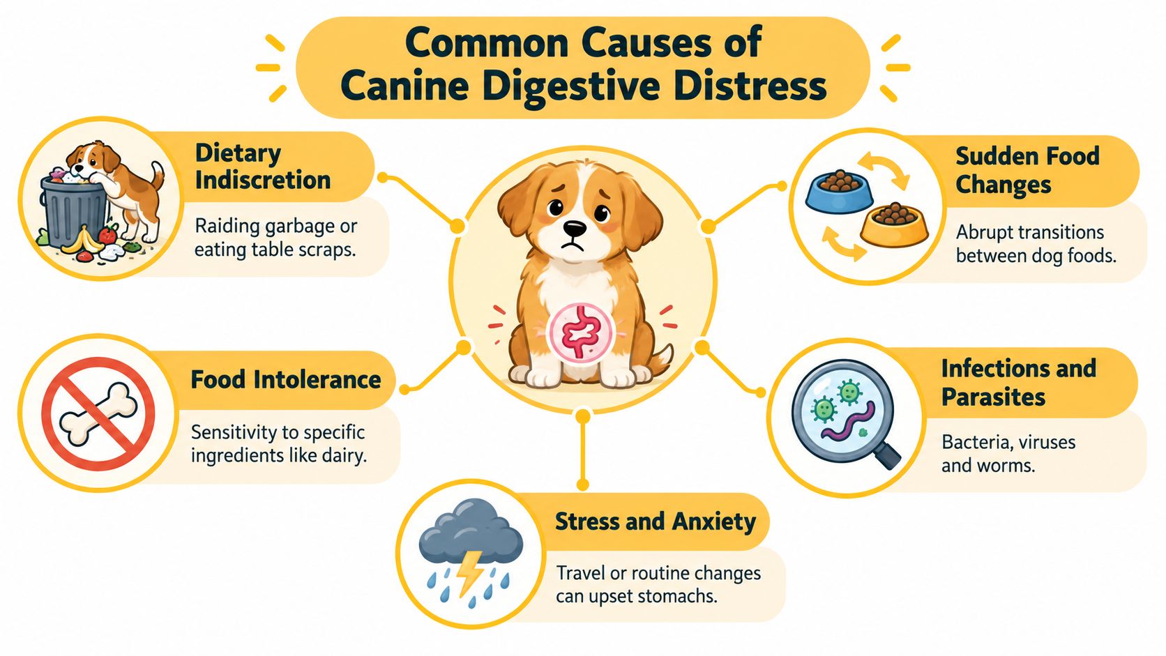 An infographic showing five common causes of canine digestive distress including dietary indiscretion, food intolerance, and stress.