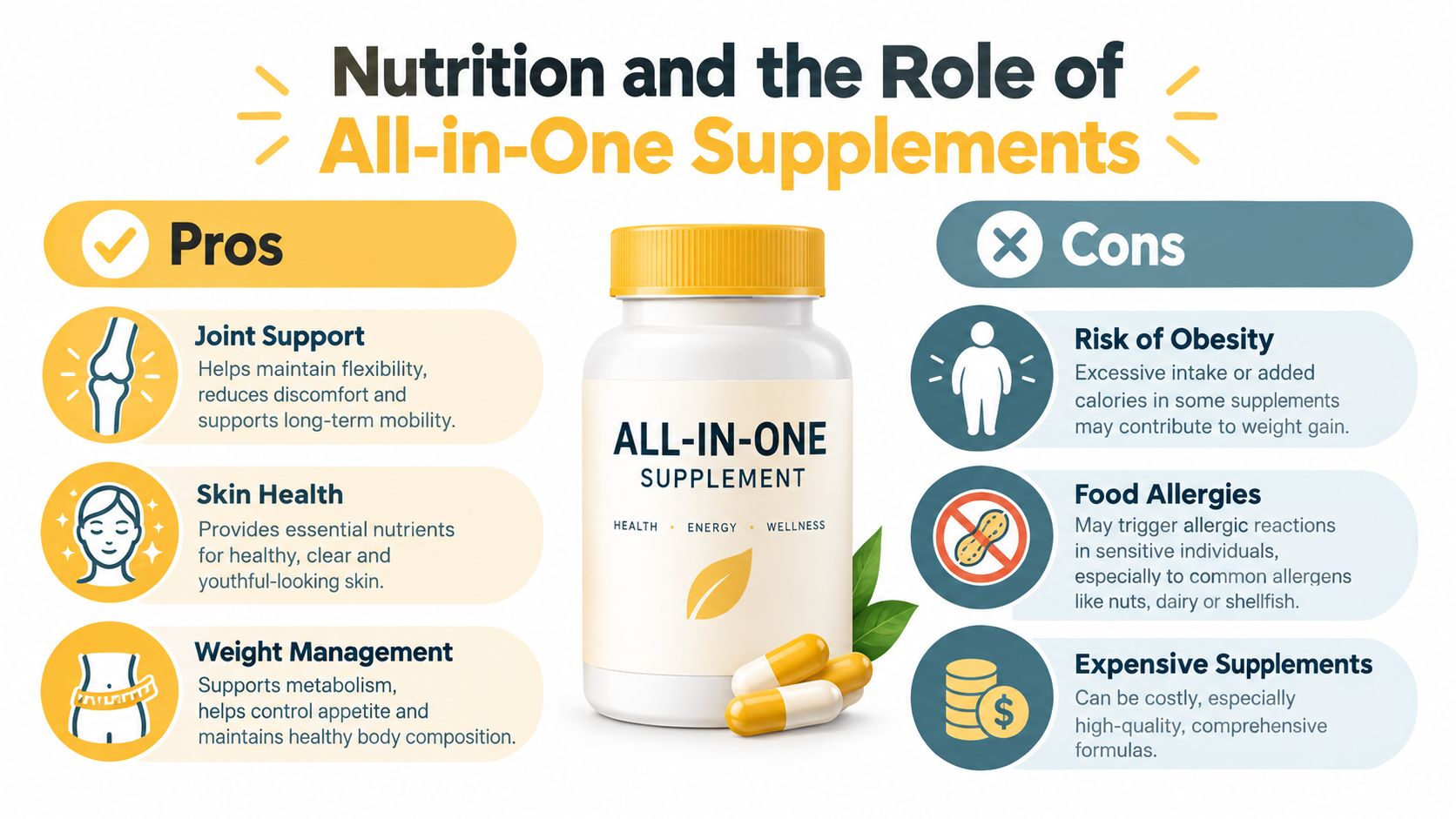 An infographic illustrating the pros and cons of taking daily all-in-one nutritional supplements for overall wellness.