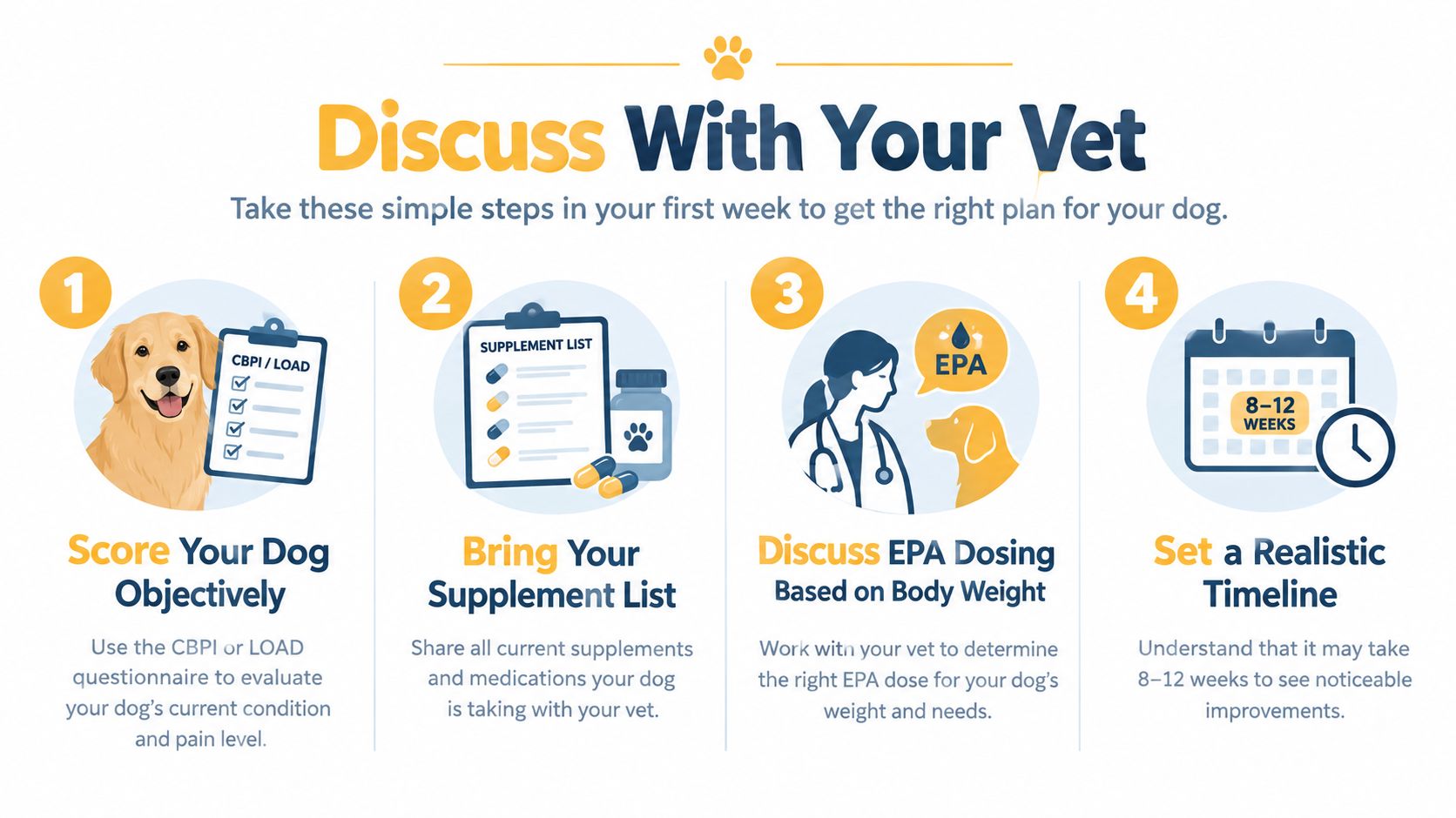 An infographic detailing four steps to discuss a pet joint support supplement plan with a veterinarian.