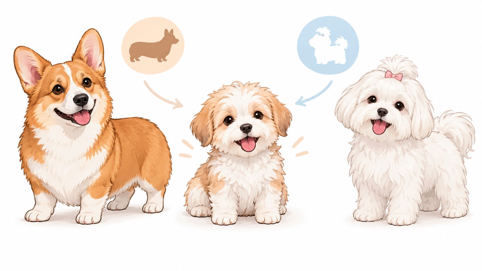 A Corgi and a Maltese dog flanking a cute puppy that appears to be a mixed breed.