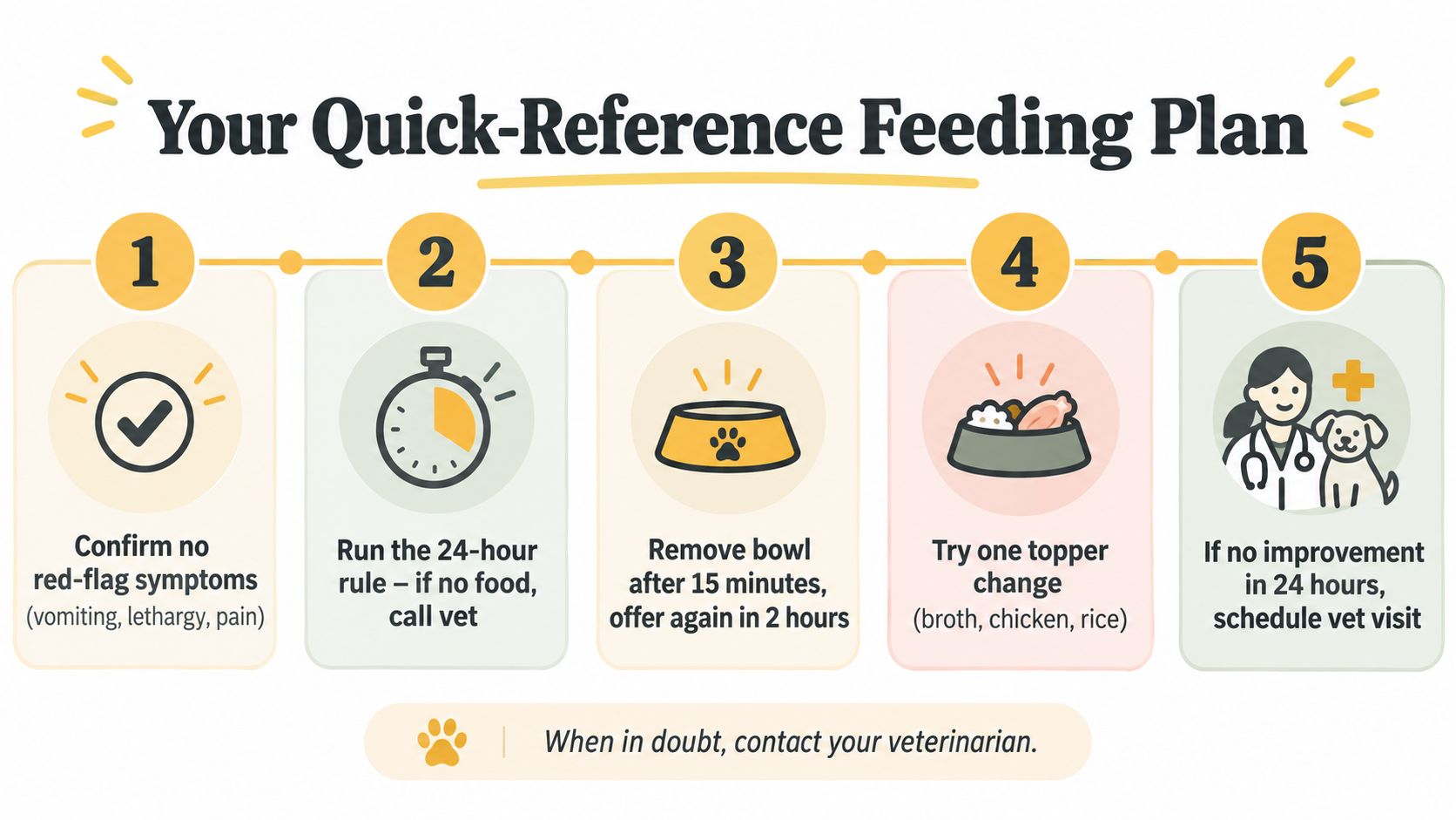 A five-step instructional guide titled Your Quick-Reference Feeding Plan for dogs that refuse to eat.