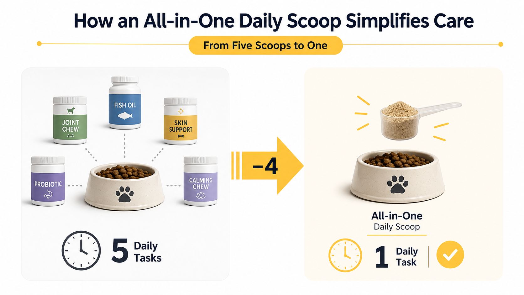 A graphic showing how an all-in-one supplement scoop replaces five separate pet care products.