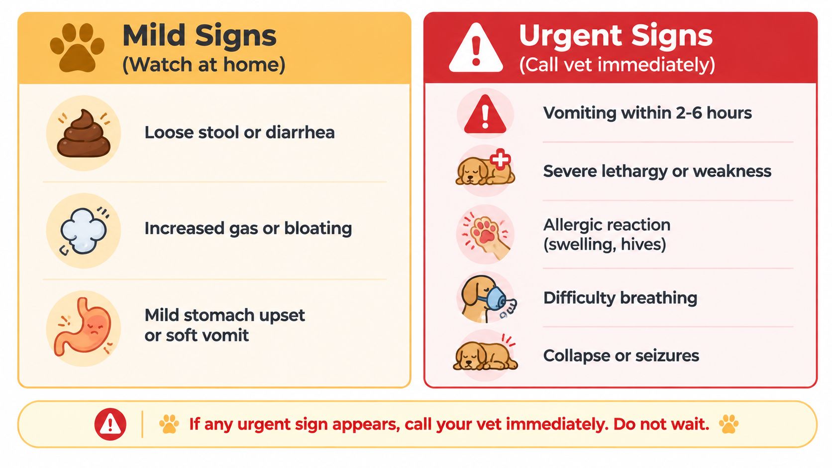 An infographic showing mild symptoms of dogs to monitor at home versus urgent signs requiring veterinary care.