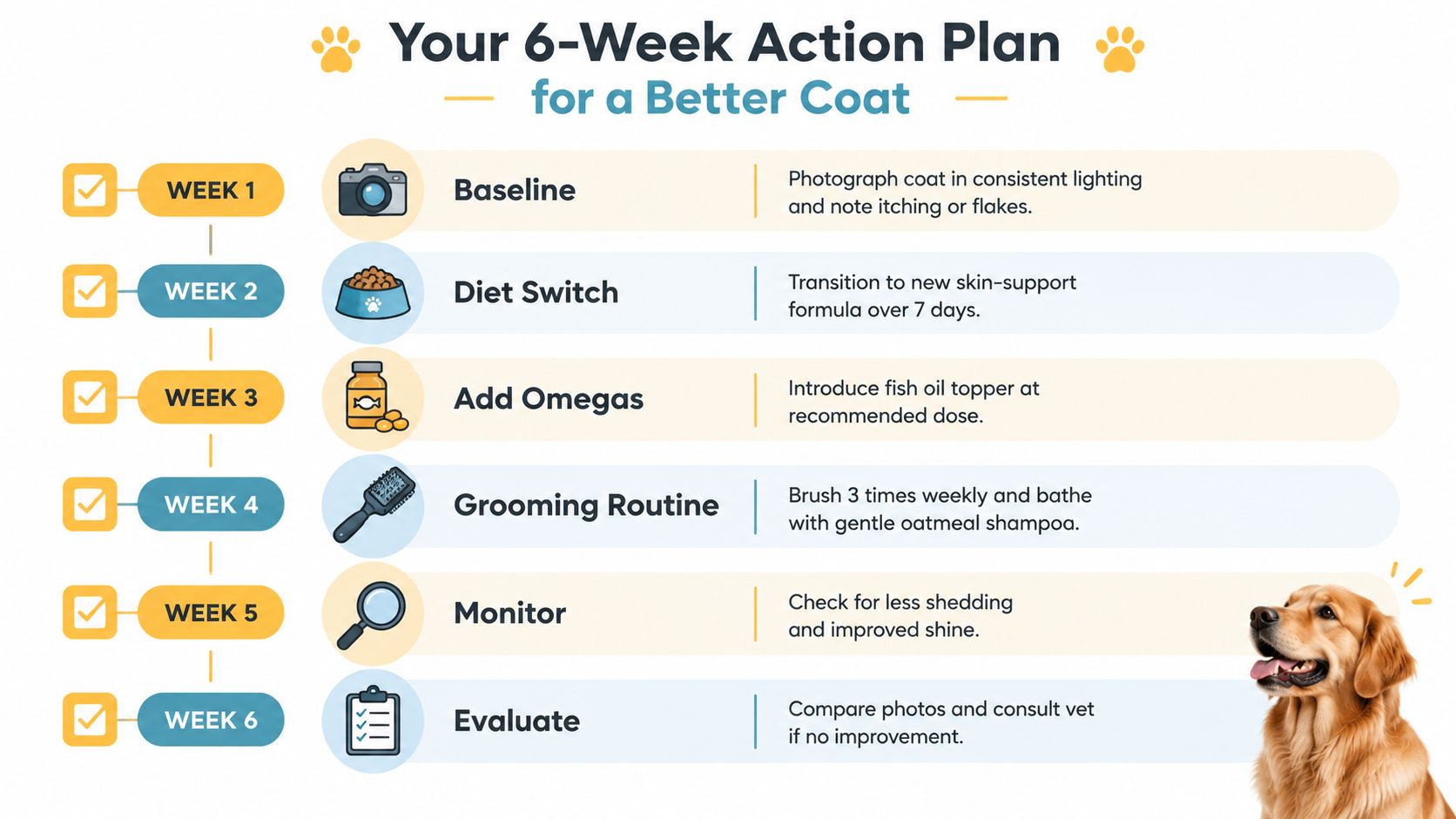 A six-week action plan infographic guiding pet owners on steps to improve their dog's skin and coat health.