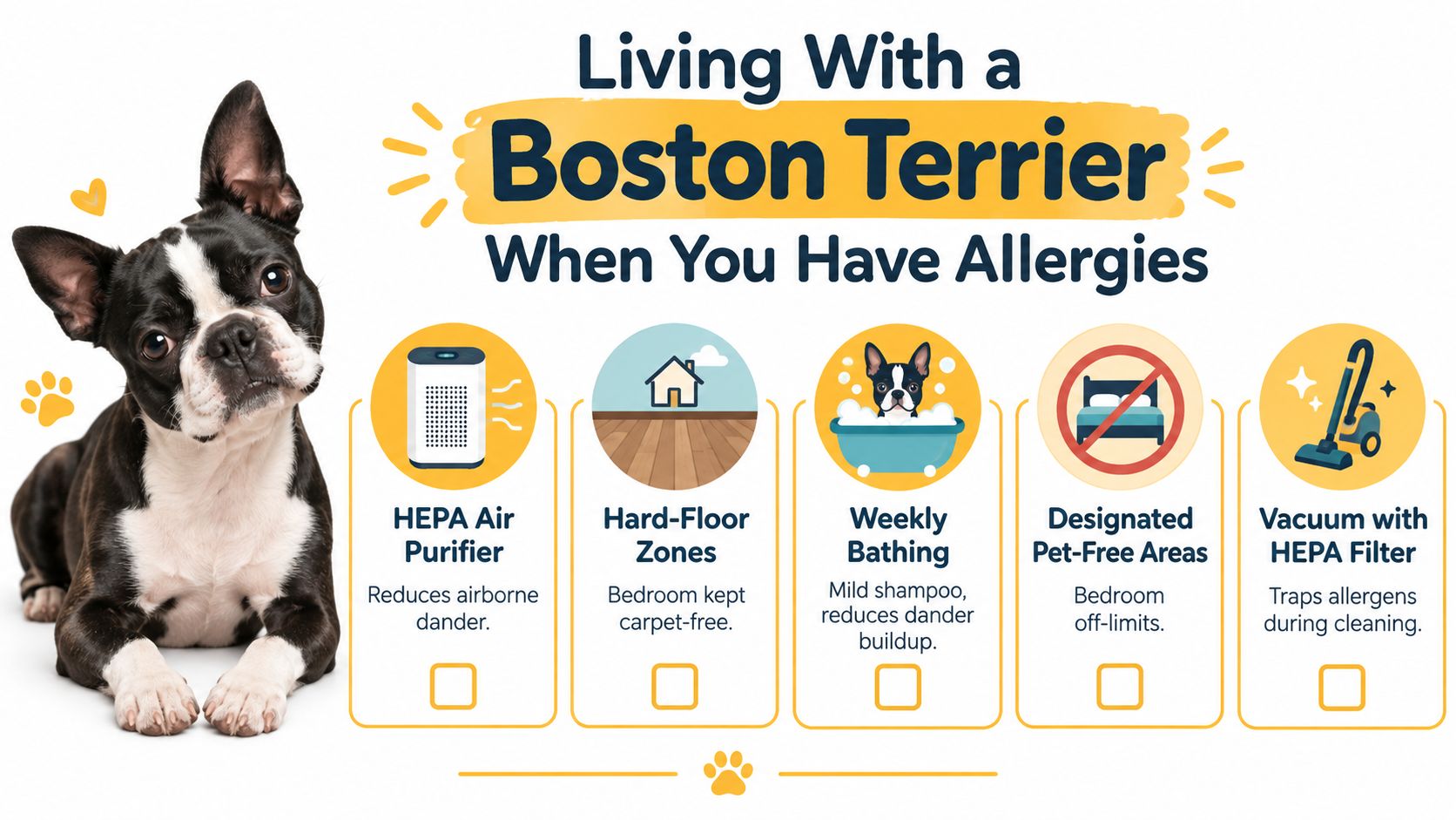 An infographic showing five tips for living with a Boston Terrier if you have pet allergies.