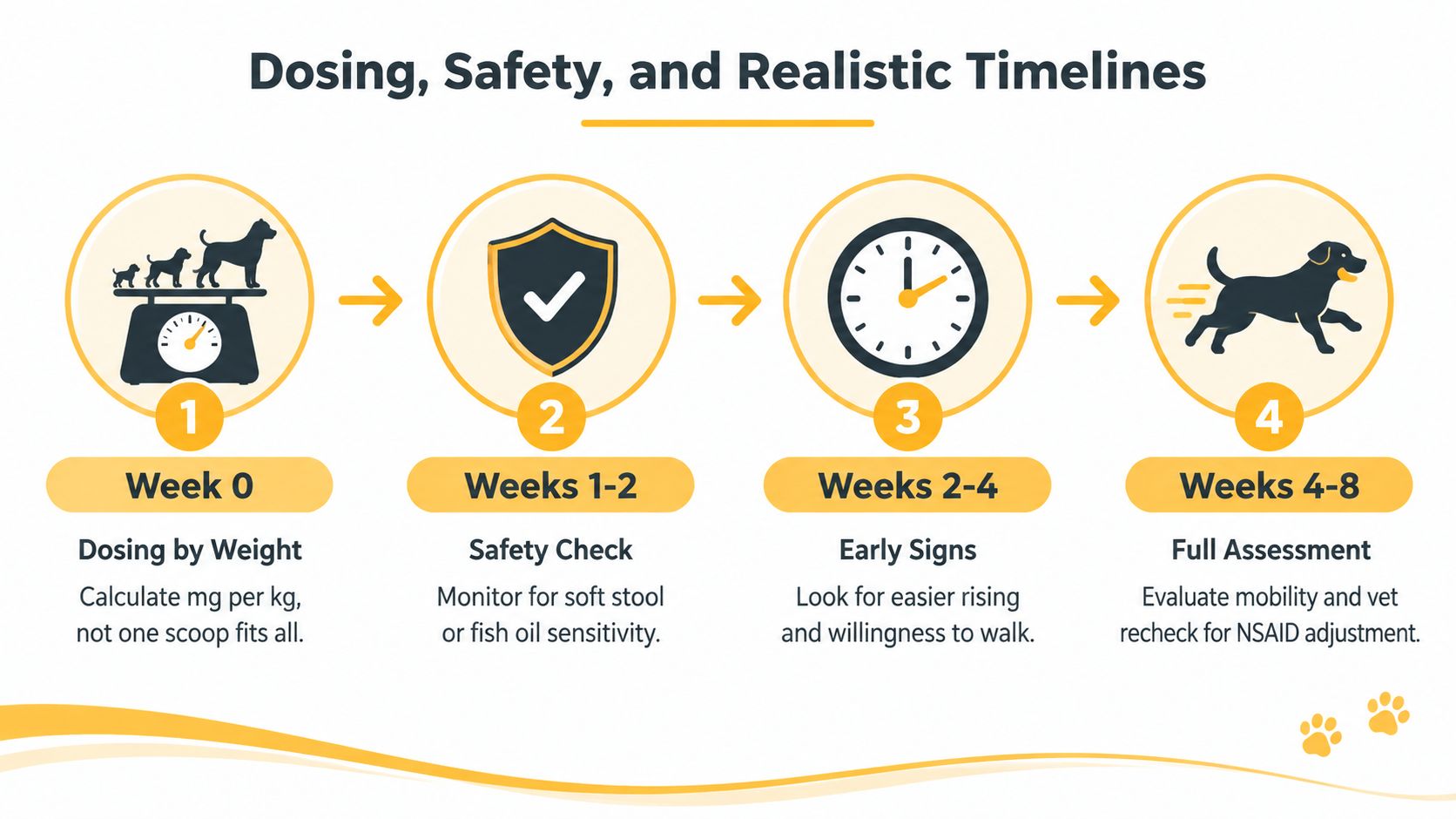 An infographic showing a four-step timeline for dosing and monitoring a dog's joint supplement program.