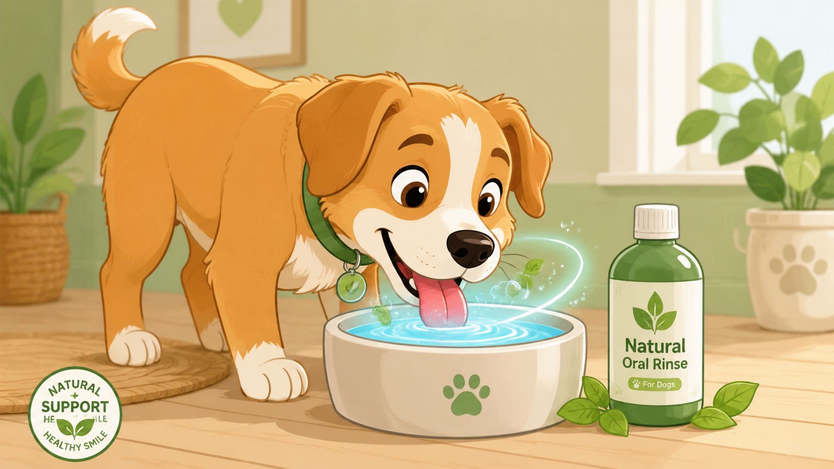 A happy dog drinks water treated with natural oral rinse from a bowl in a home setting.