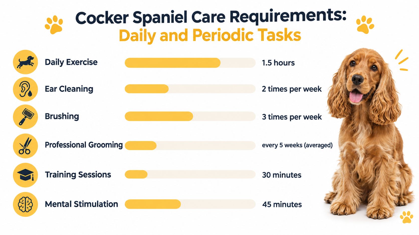 An infographic detailing daily and periodic care requirements for Cocker Spaniels including exercise, grooming, and training.