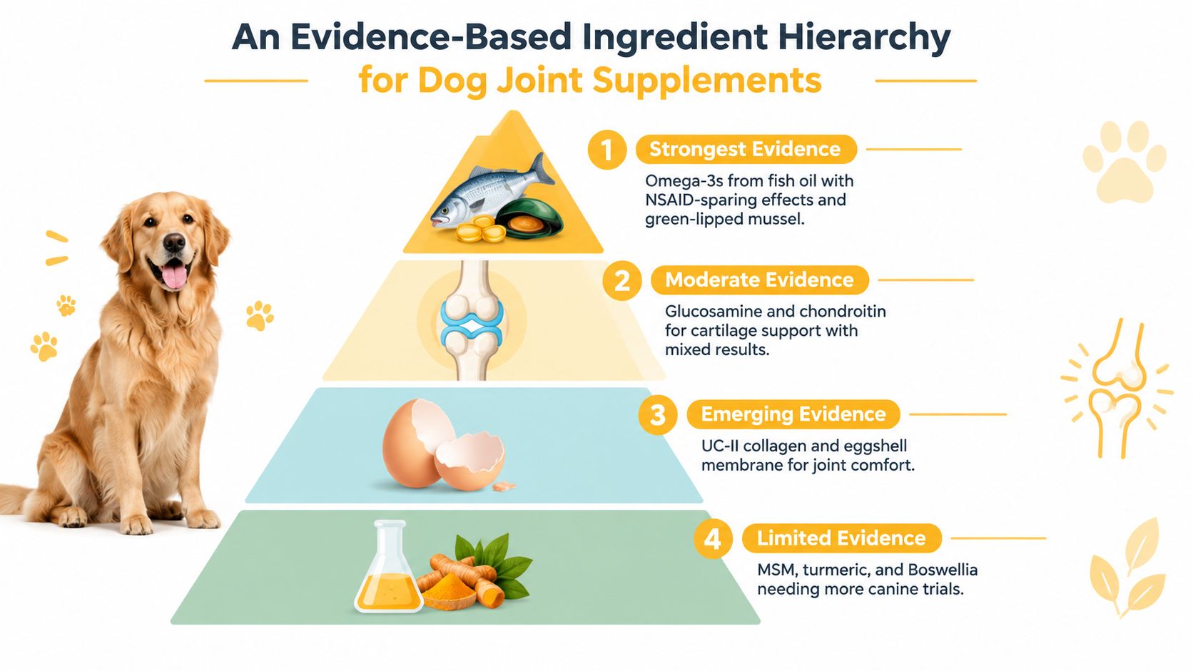 A pyramid chart showing evidence-based ingredients for dog joint supplements ranked by effectiveness level.