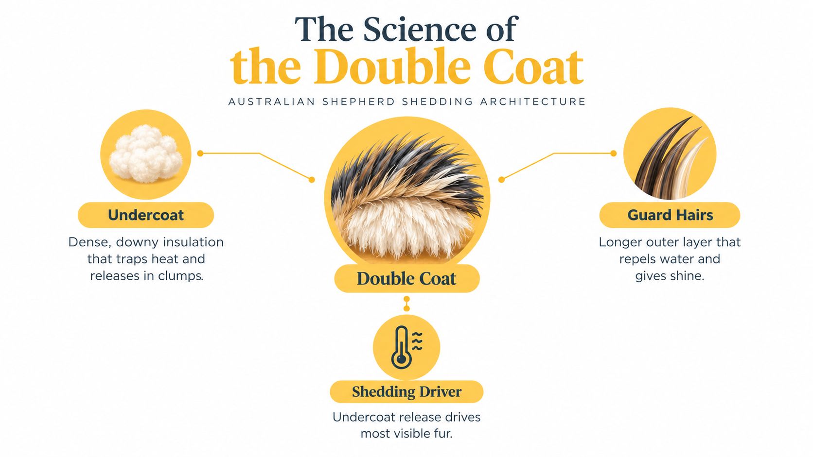 An infographic explaining the structure of a double coat in Australian Shepherd dogs, highlighting undercoat and guard hairs.