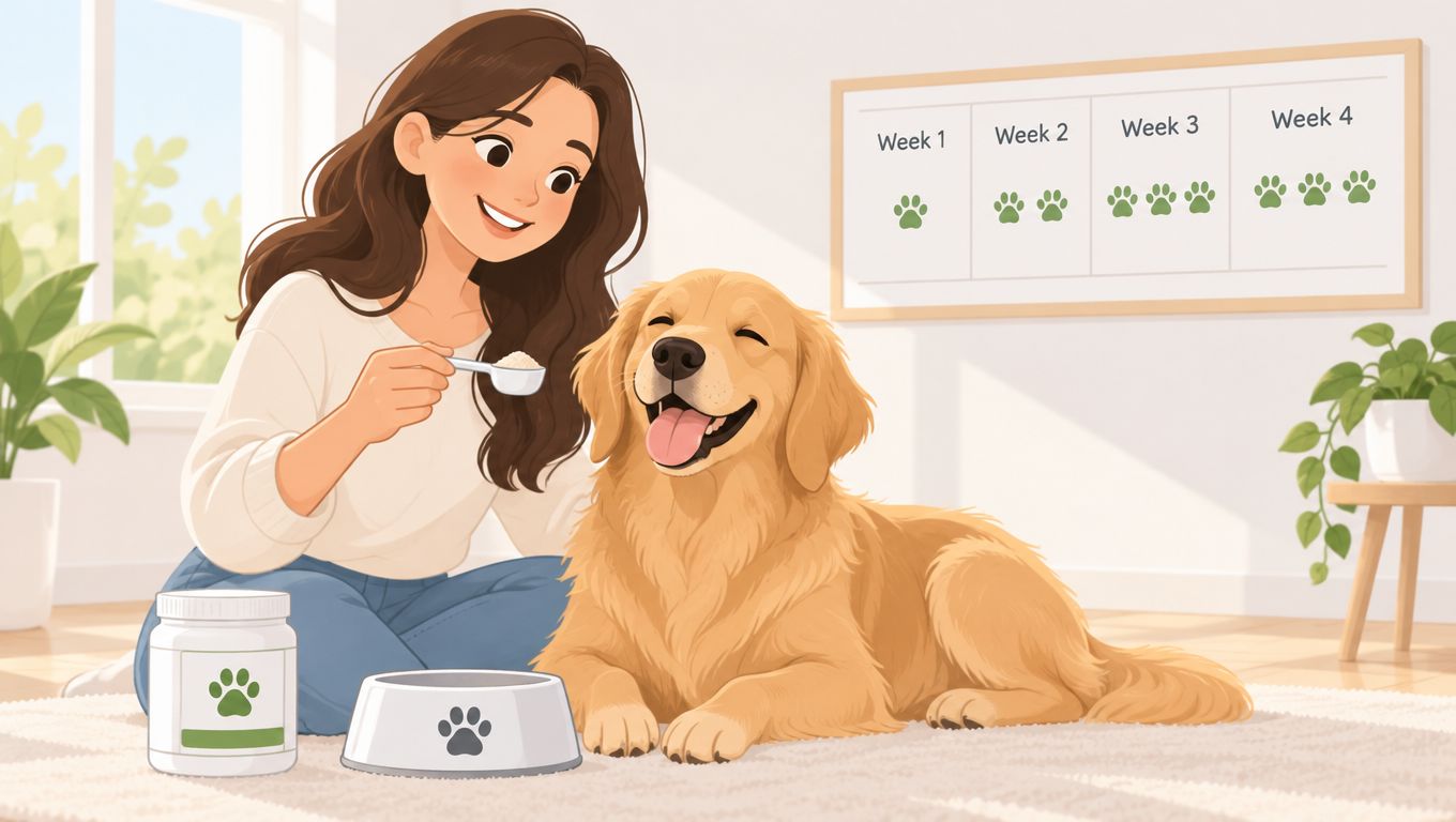 A smiling woman feeds supplements to her happy golden retriever dog in a bright living room setting.