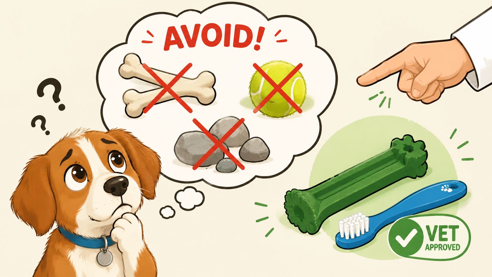 A confused puppy looks at illustrations of items to avoid versus vet-approved dog dental care products.