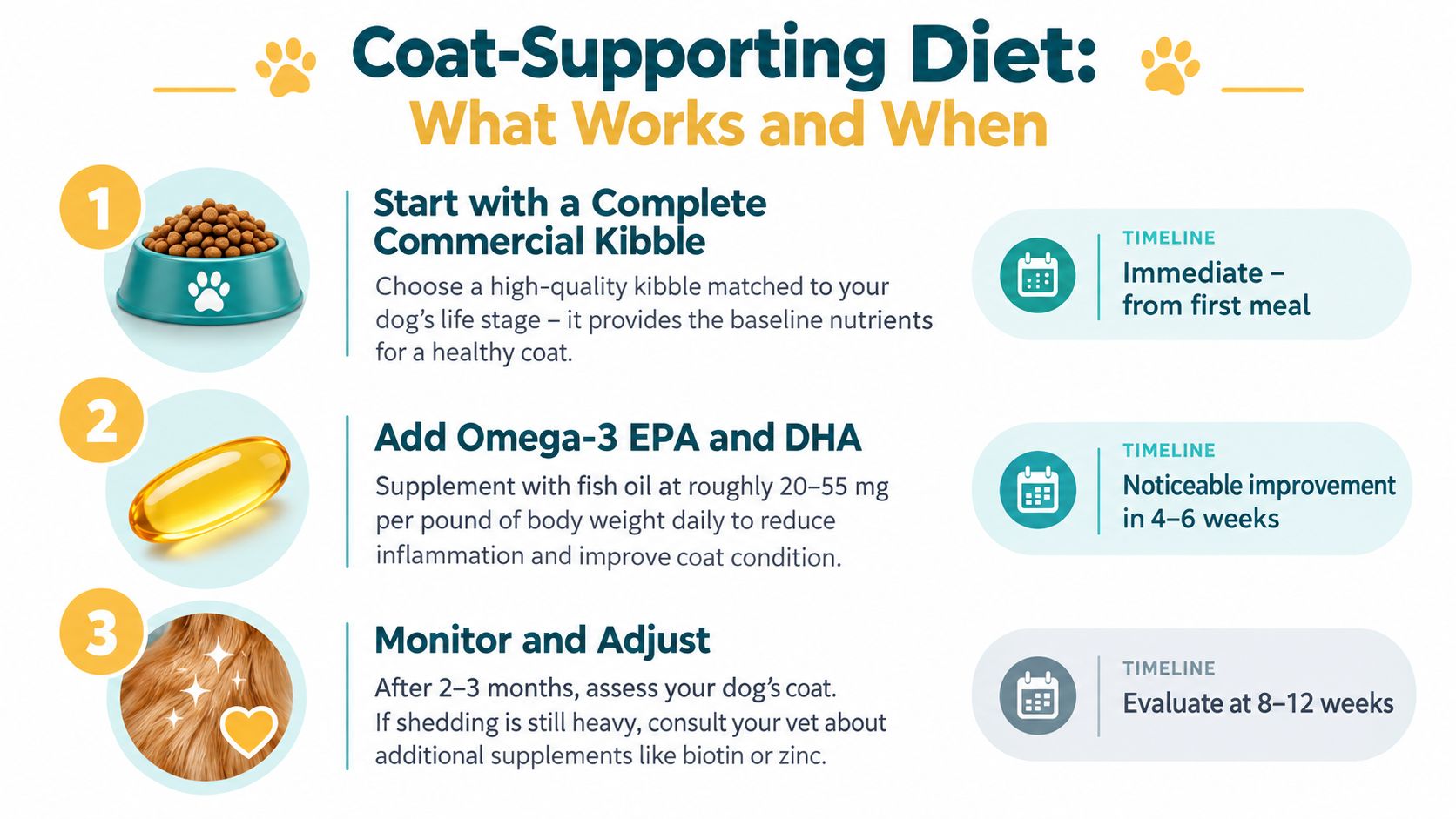 An infographic titled Coat-Supporting Diet showing three steps to reduce dog shedding with diet and supplements.