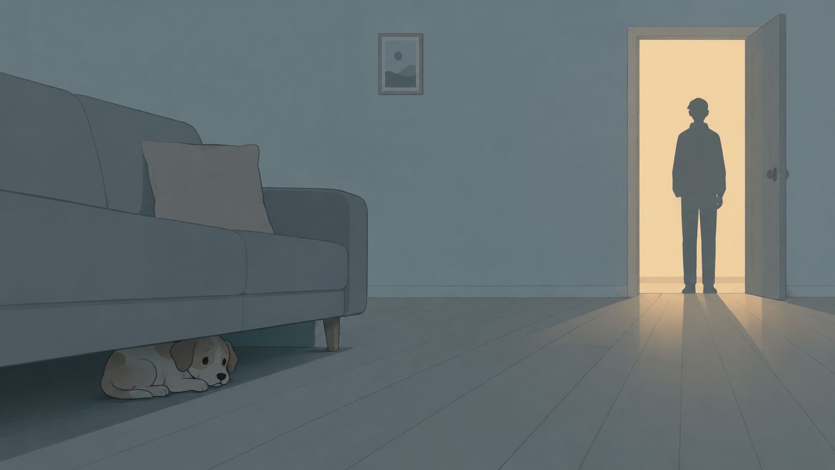 A small puppy hides fearfully under a living room couch while a person stands in the doorway.