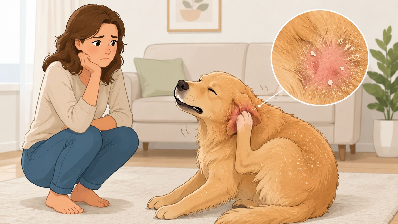 A concerned woman watches her golden retriever scratching an irritated and inflamed skin patch near its ear.