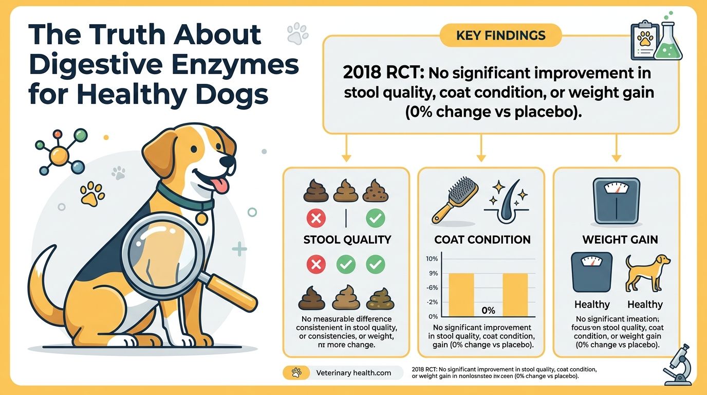 An infographic titled The Truth About Digestive Enzymes for Healthy Dogs showing research findings on effectiveness.