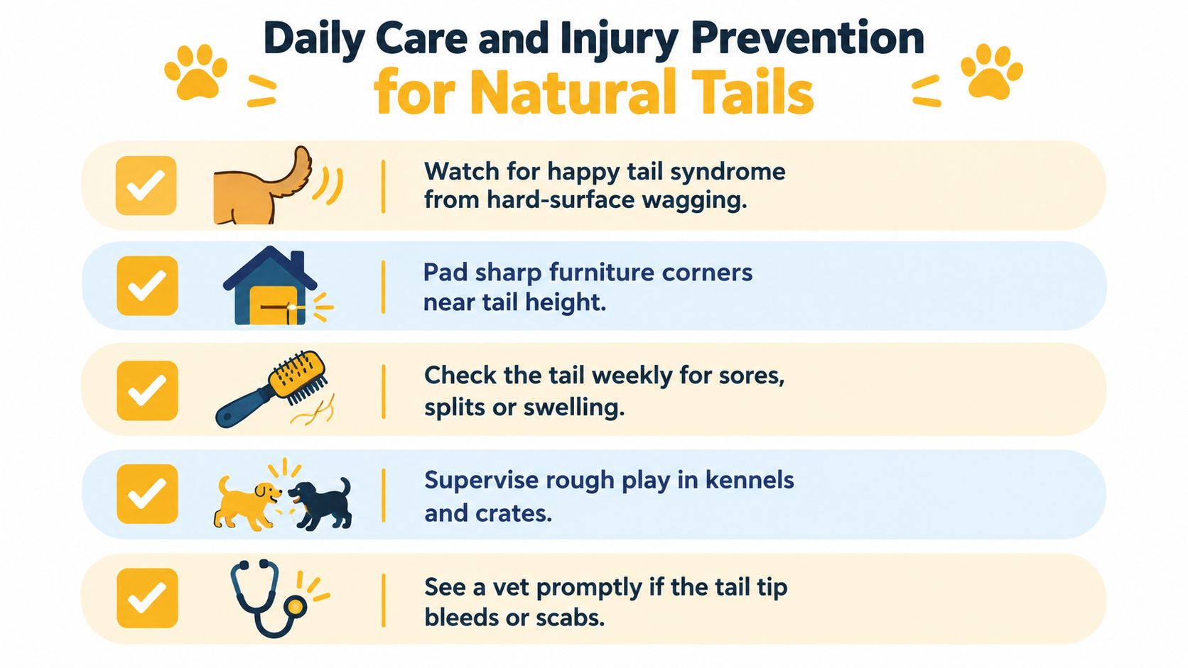 An infographic titled Daily Care and Injury Prevention for Natural Tails providing safety tips for dogs.