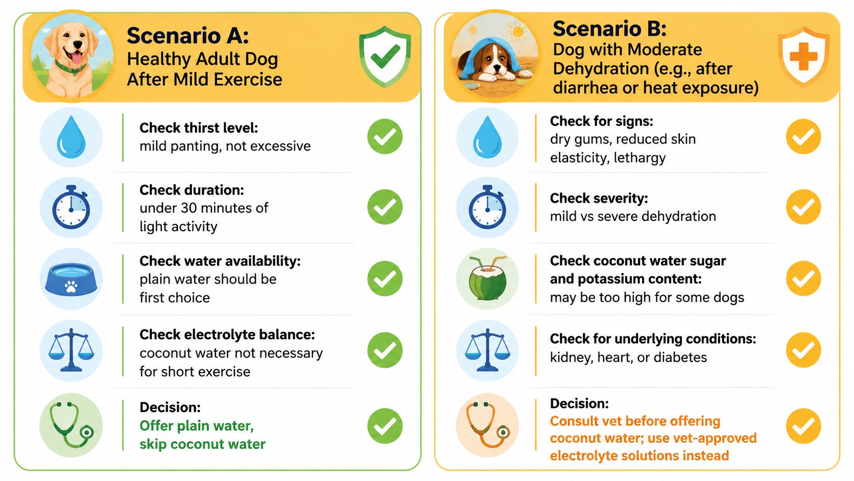 A comparative infographic detailing whether dogs should drink coconut water based on two different health scenarios.