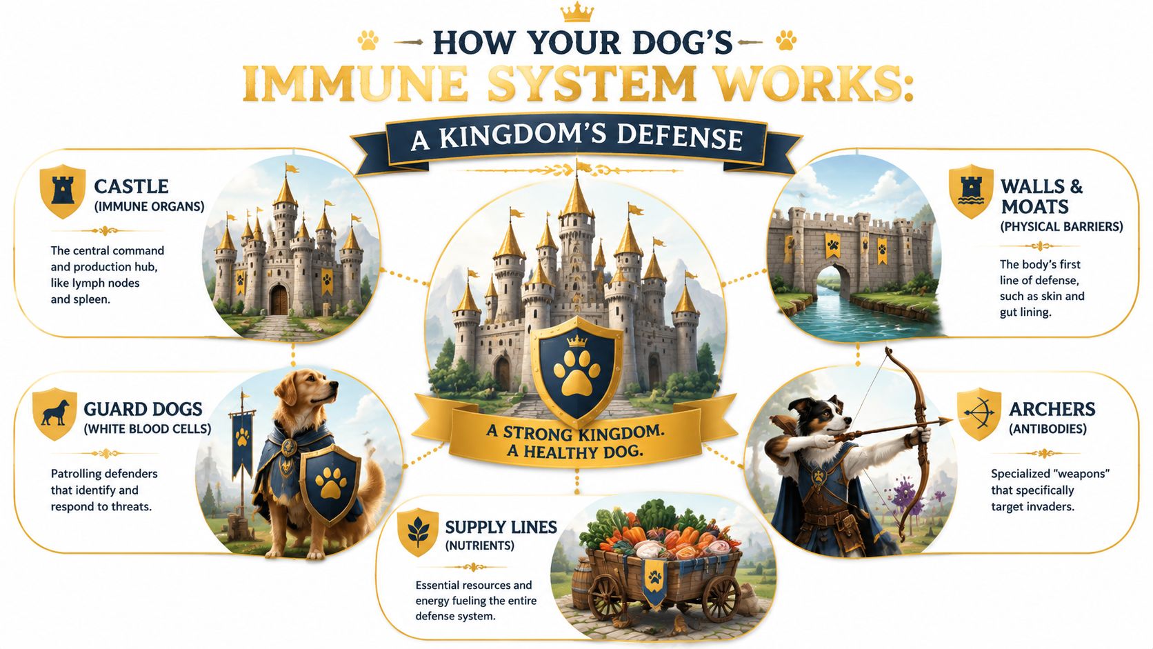 An infographic explaining a dog's immune system using a kingdom defense metaphor with various illustrations.