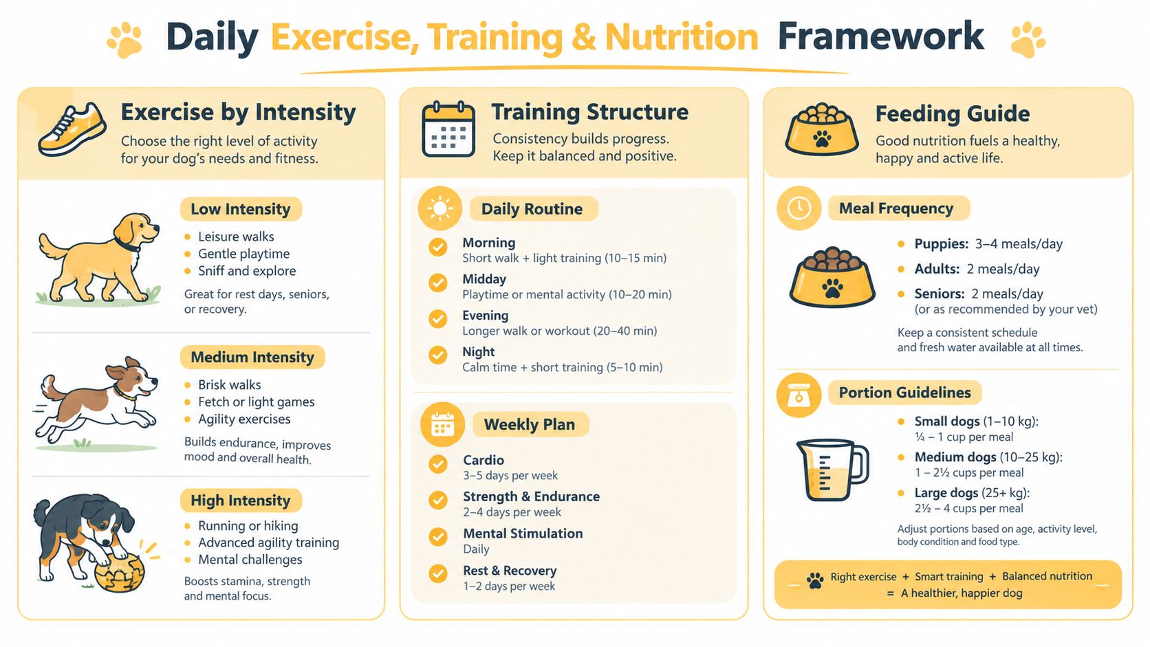 An infographic detailing a daily framework for dog exercise, training schedules, and nutritional portion guidelines.