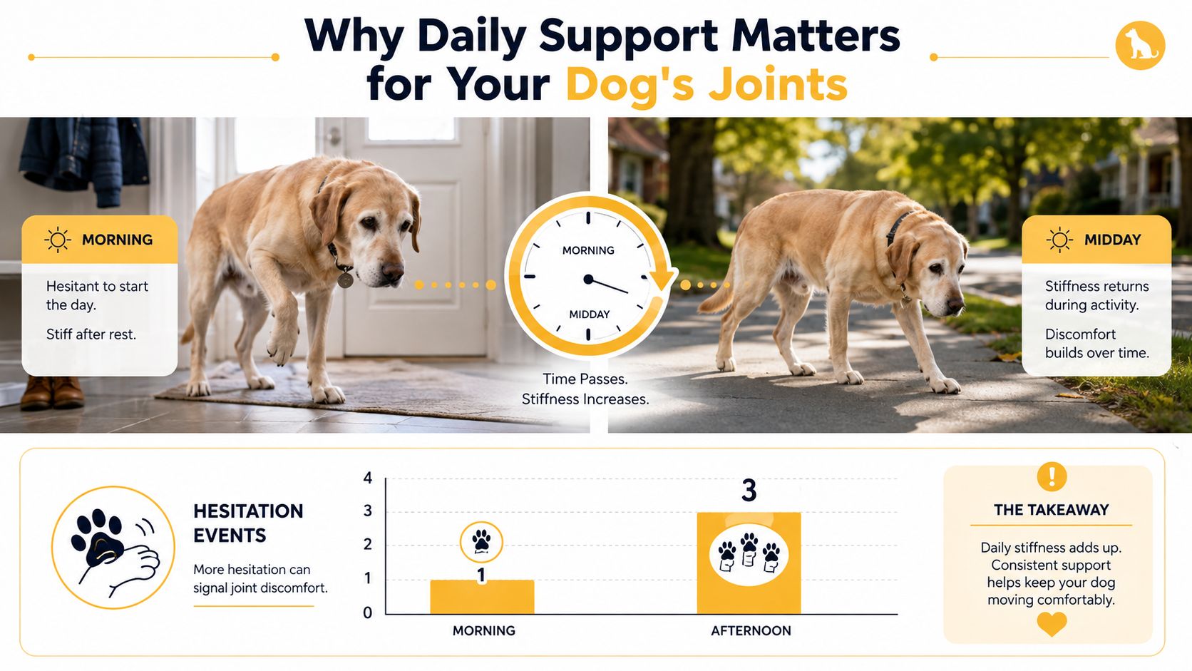 An infographic showing how a dog's joint stiffness and hesitation events increase from morning to afternoon.