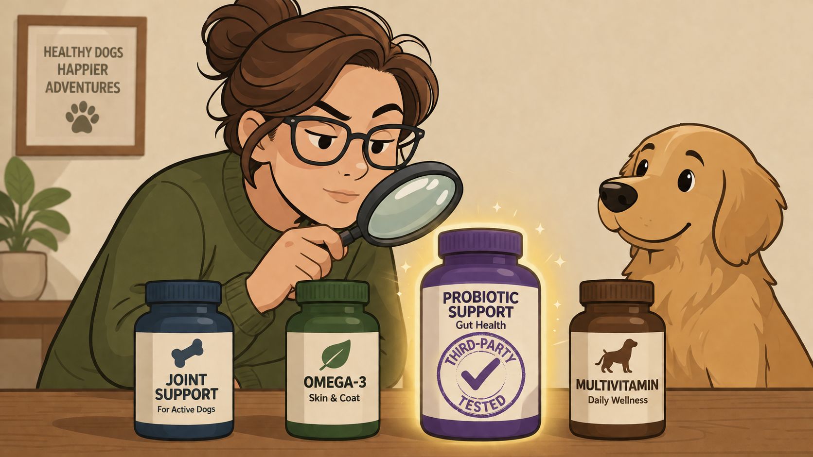 A woman with glasses using a magnifying glass to inspect a bottle of dog probiotic supplements.