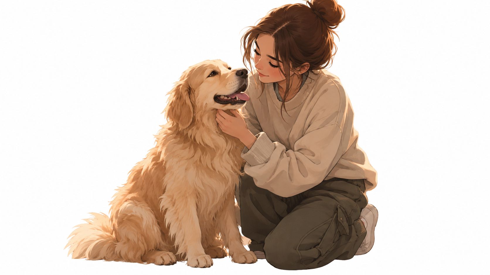 A young woman with a hair bun affectionately petting her fluffy golden retriever dog on white background.