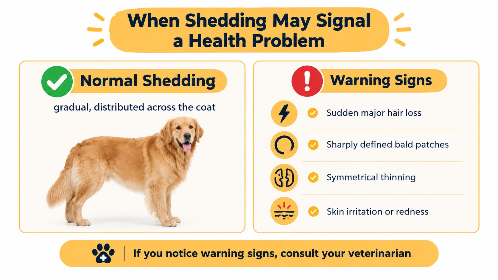 An educational infographic showing the difference between normal dog shedding and abnormal hair loss warning signs.