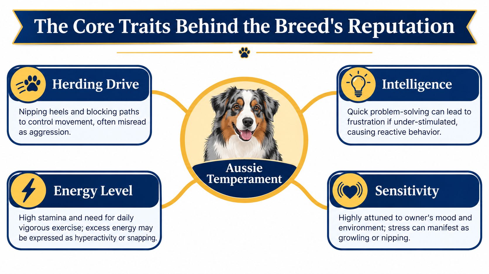 An infographic titled The Core Traits Behind the Breed's Reputation explaining Australian Shepherd behavior, temperament, and instincts.