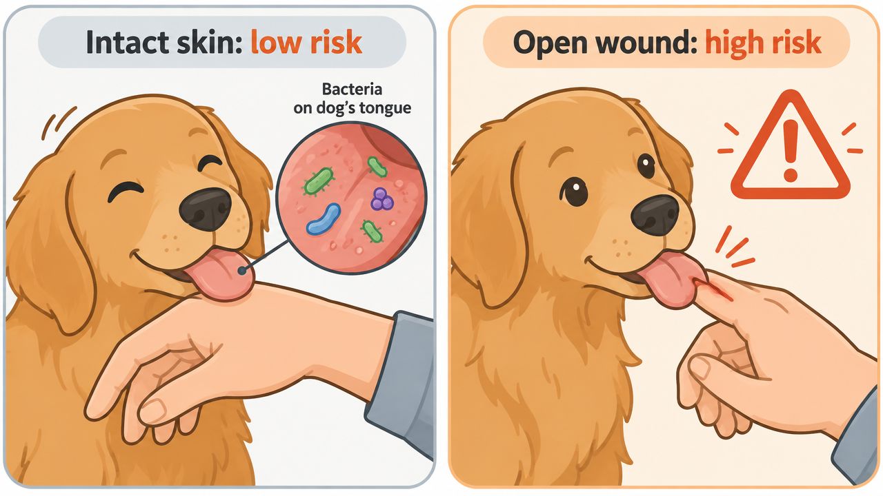 A diagram comparing the health risk of letting a dog lick intact skin versus an open wound.
