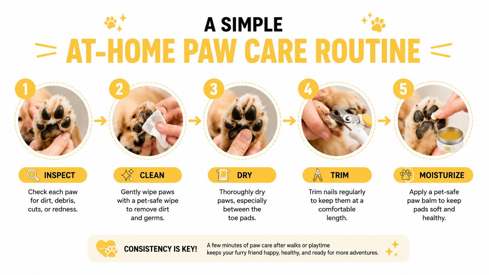 A five-step instructional guide on how to perform at-home paw care for your pet dog.