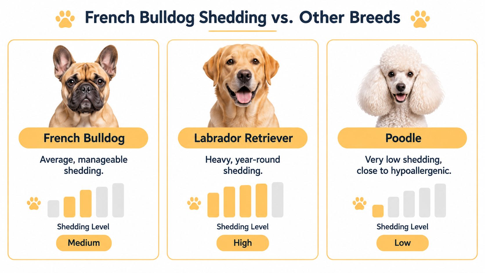 A comparison chart showing shedding levels between French Bulldogs, Labrador Retrievers, and Poodles with descriptive labels.