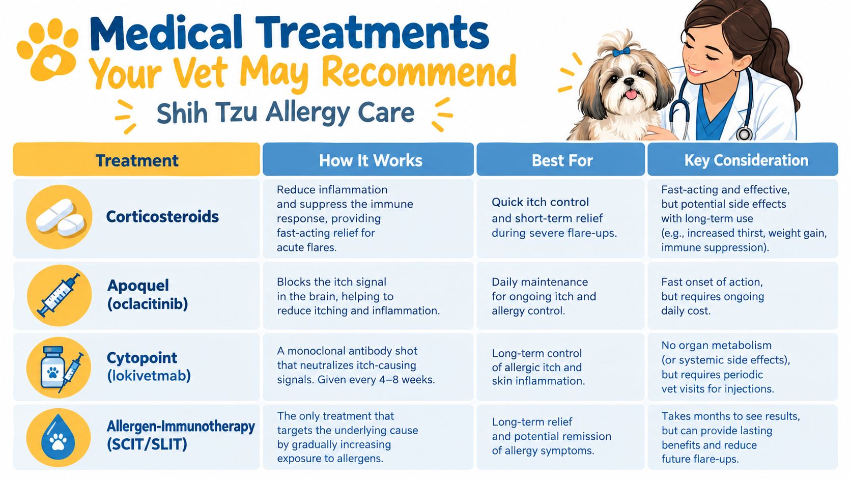 A helpful medical chart outlining various veterinary allergy treatment options for Shih Tzu dogs and pets.