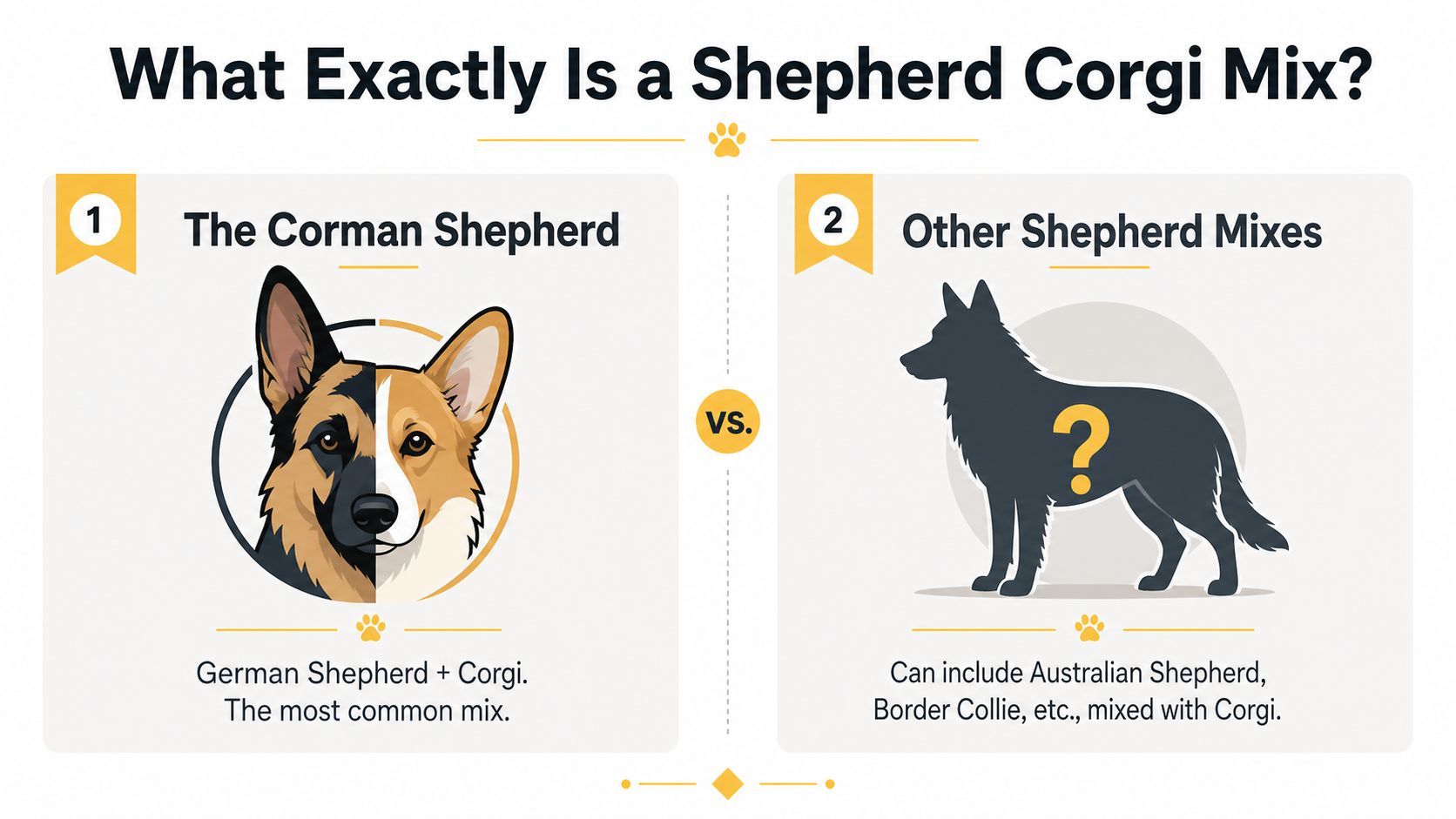 An infographic comparing the Corman Shepherd dog mix with other types of Shepherd and Corgi dog hybrids.