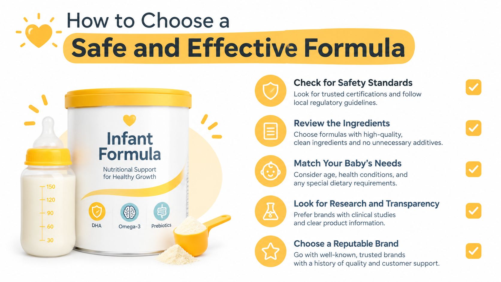 A helpful infographic outlining five essential steps for parents to choose safe and effective infant formula.