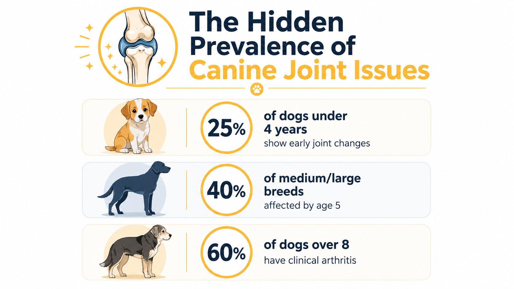 An infographic showing statistics about the prevalence of joint issues in dogs at different ages and sizes.