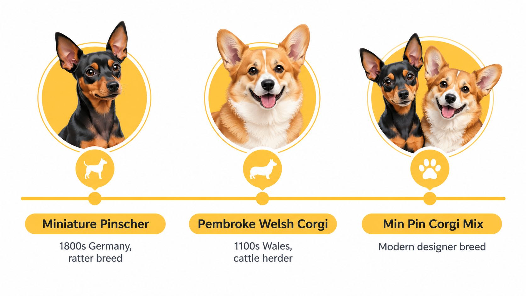 A timeline graphic showing a Miniature Pinscher, a Pembroke Welsh Corgi, and a Min Pin Corgi mix.