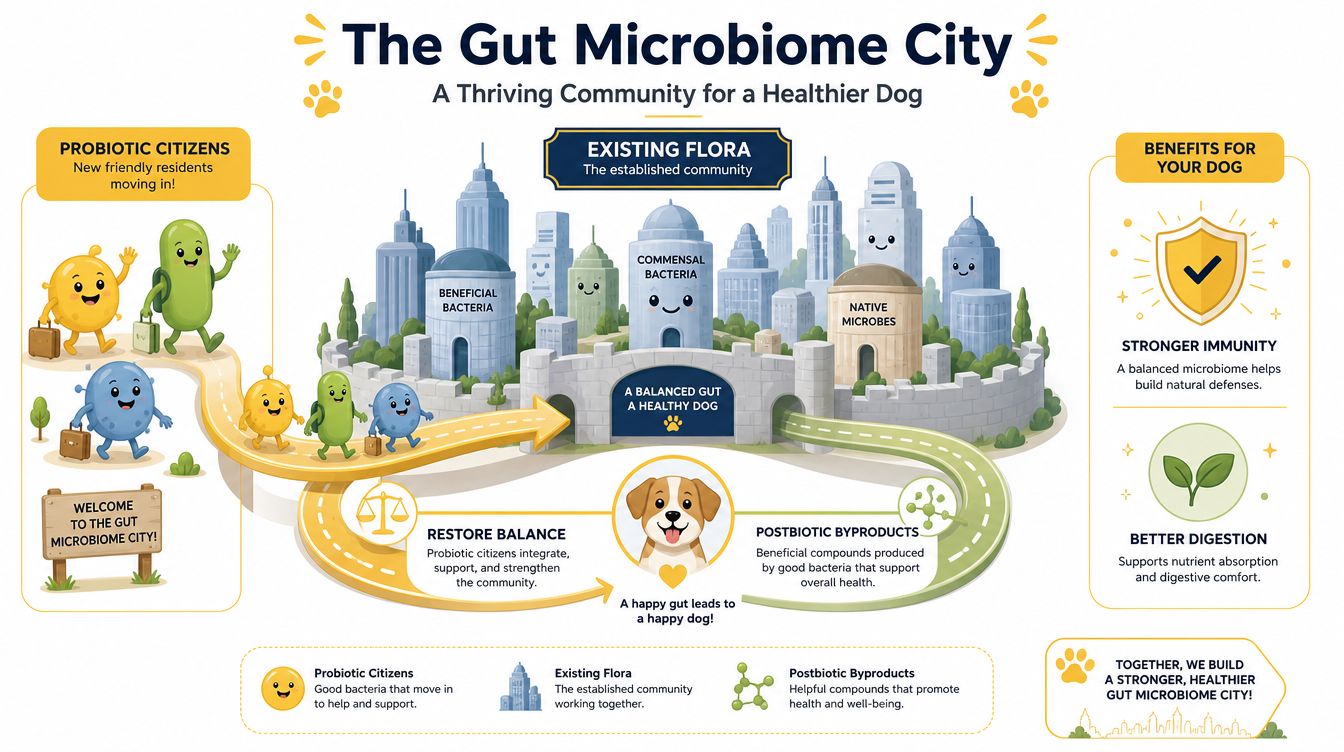 An infographic titled The Gut Microbiome City illustrating how probiotics support a healthy canine gut microbiome.