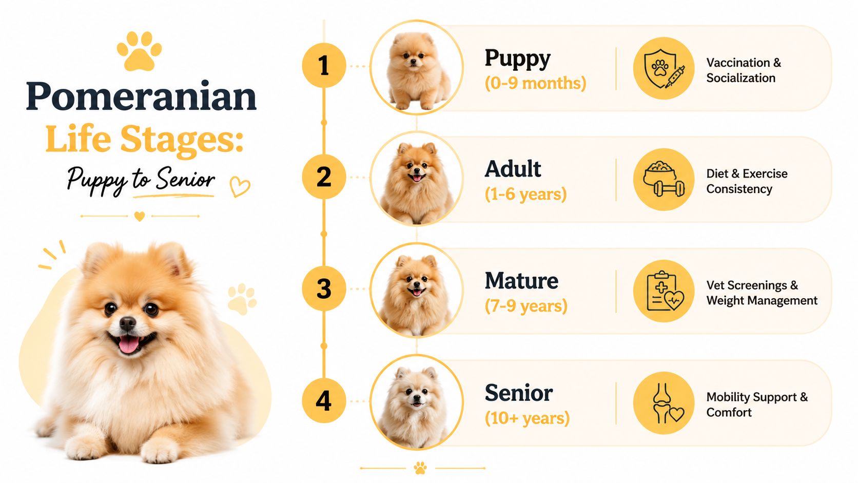 A visual guide illustrating the four life stages of a Pomeranian dog from puppyhood to senior years.
