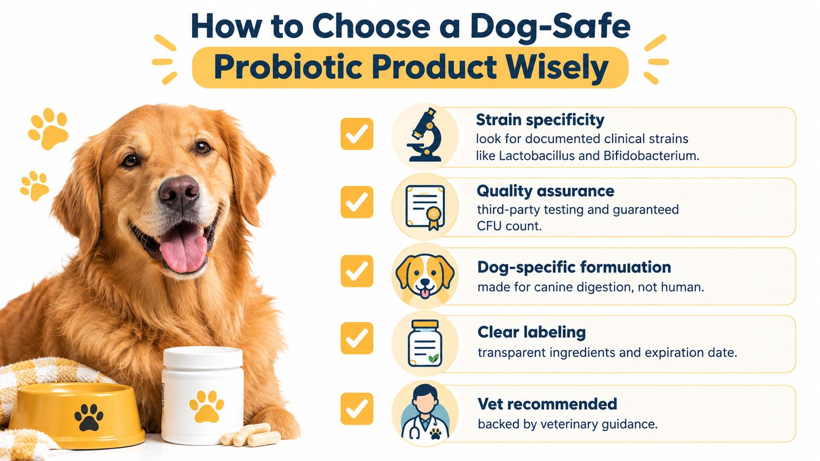 A happy golden retriever next to a list of five tips for choosing dog-safe probiotics.